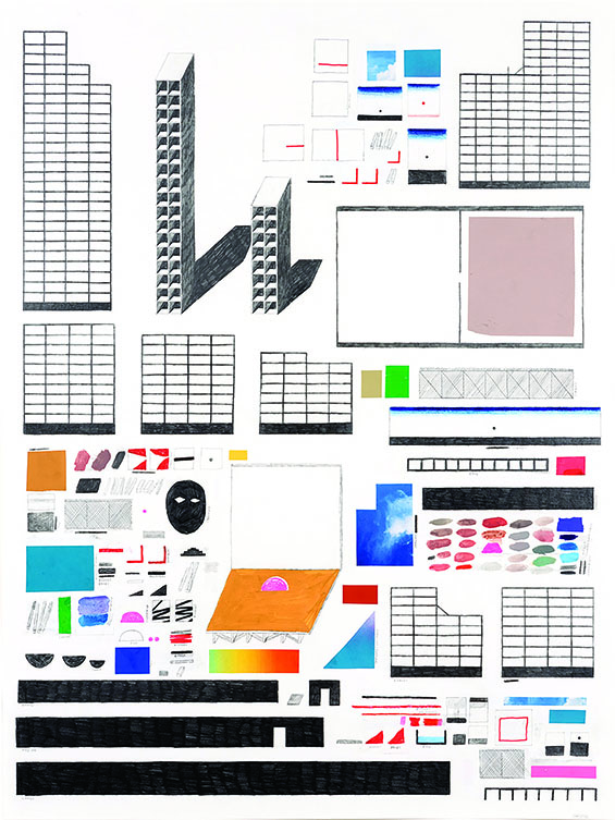 Life in Cities: Self Help, Condo Development, Task Management, 38 x 28.5 x 2 Inches, Graphite, watercolor, acrylic paint, colored pencil, ballpoint pen, correction fluid on paper, 2016