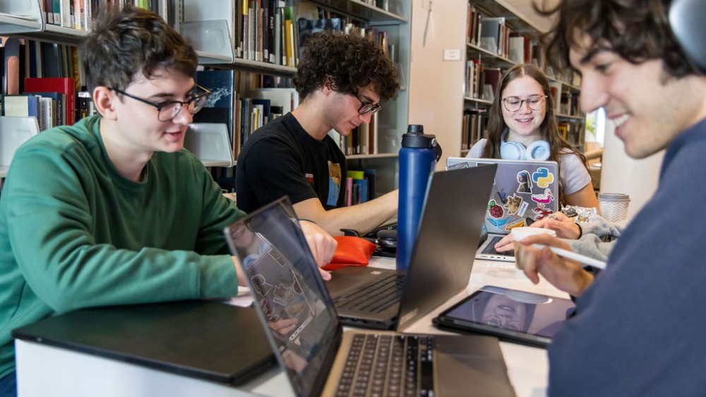 students in library