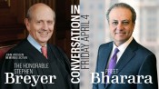 Graphic with headshot of Justice Breyer on left and Preet Bharara on right