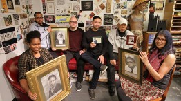 Saturday Program staff (l to r)—Aisha Tandiwe Bell, Jairo Sosa A'17, Vincent Toro, Alfred Cervantes, Charles Fambro, and Marina Gutierrez A'81—holding photographs of the program's heroes including Peter Cooper, Augusta Savage, and John Hejduk. Photo b