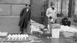 David Hammons performing Bliz-aard Ball Sale, 1983