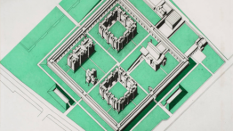 Stirling and Gowan. Churchill College, University of Cambridge, England, axonometric view of courtyard pavilions. 1958