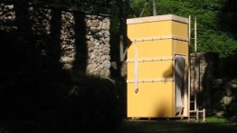 Shaker Residence (2009), birch wood, sheetrock, paint, performance 6’ x 3’ x 12’. Photo by Caroline Woolard