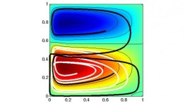 Two paths (black, white) show similar behavior based on one-layer ocean model with a time-dependent double gyre flow