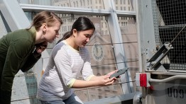 Prof. Melody Baglione and Jacqueline Le taking sound measurements. Photo: Mario Morgado/The Cooper Union