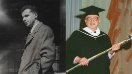 Prof. Leo Kaplan at the age of 26; carrying the Cooper Union mace at the 2003 commencement ceremony