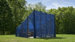 Image of Gabriela Salazar's Matters in Shelter (and Place, Puerto Rico), 2018. Coffee clay (used coffee grounds, flour, salt), concrete block, wood, and polypropylene mesh tarp, 12 x 16 x 20 feet. Photo by Jerry L. Thompson. 