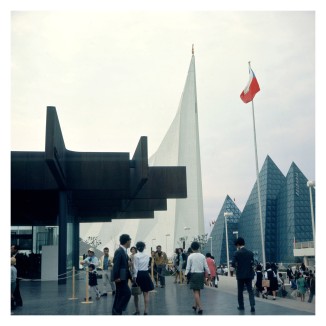 03. Czech Pavilion (left); Soviet Pavilion (center); Bulgarian Pavilion (right) | V. Palla, V. Rudis & A. Jencek, Architects (Czech);  Mikhail Posokhin, A.N. Krondratjev & V.A. Svirski, Architects (Soviet); T.N. Kojucharov, E.I.  Tzvetkov & L.T. Christov,