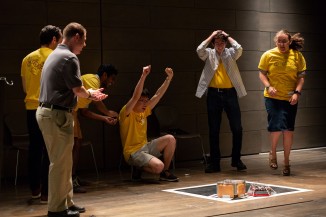 Prof. Brian Cusack ME'01, Zach Tzavelis ME'19, Shailesh Patro ME'19, Haoran Harry Wei, Alon Levin, and Naomi Javitt (all rising seniors) at the annual Sumo Robot competition