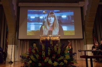 Patty Jenkins A'93, sent in a video "thank you" after receiving the Presidential Citation