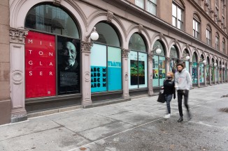 Exterior view of the Milton Glaser retrospective installed in the Colonnade of the Foundation Building