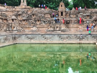 Figures carved in niches along the steps and small shrines built on the landings of the Suryakund, Mehsana.