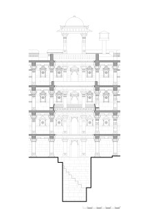 A partial section depicting ornamental stone carvings and moldings in Ashapura vaav. Pillared galleries with stone benches wrap around a central sunken pool.