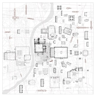 Collage depicting the historic architectural typologies of Ahmedabad, including stepwells, mosques, mausoleums, temples, caravanserais, and mansions (havelis). All building plans are drawn at the same scale.