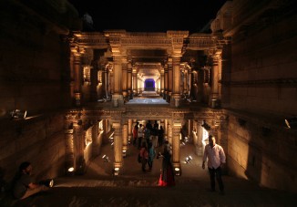 Rudabai vaav lit up for the Water Festival, an annual musical event staged against the backdrop of architectural monuments. Photograph by Ancela Jamindar.